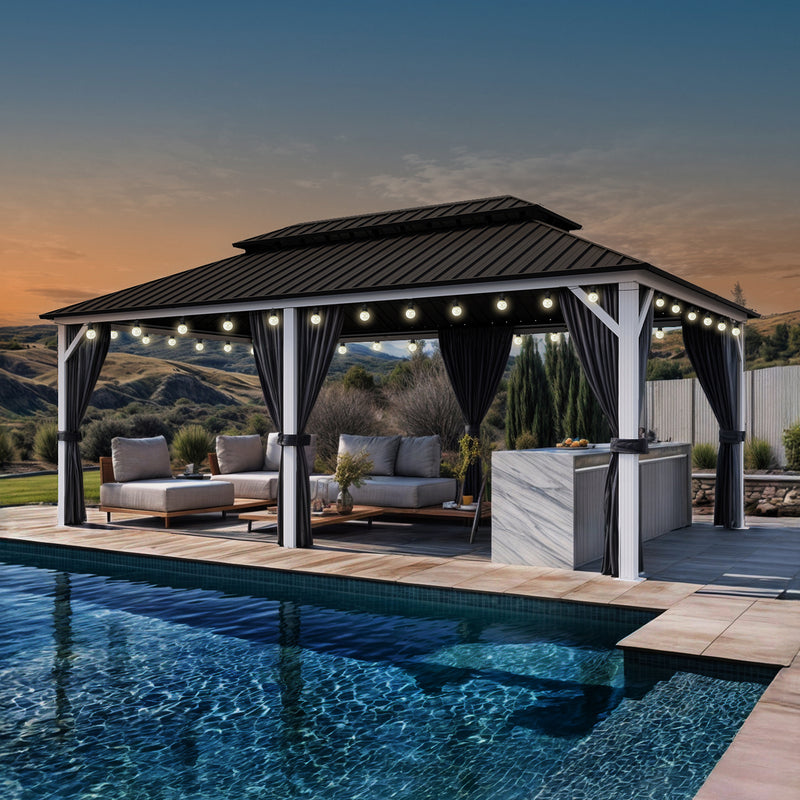PURPLE LEAF Patio Hardtop Gazebo for Outdoor Grey Galvanized Steel Double Roof White Aluminum Poles with Curtains and String Lights-clear