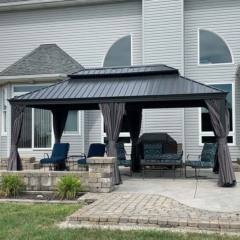 PURPLE LEAF Patio Gazebo for Backyard Grey Hardtop Galvanized Steel Roof Awning with Upgrade Curtain