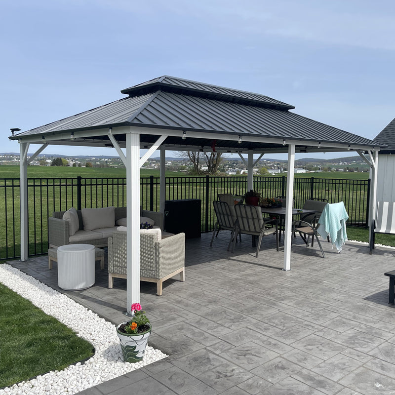 PURPLE LEAF Patio Hardtop Gazebo for Outdoor Grey Galvanized Steel Double Roof White Aluminum Poles with Curtains and Netting
