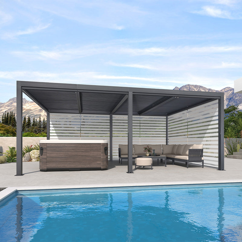 PURPLE LEAF Athena Louvered Pergola Grey Outdoor Aluminum Pergola with Roller Blind Adjustable Gazebo for Patio Deck Garden