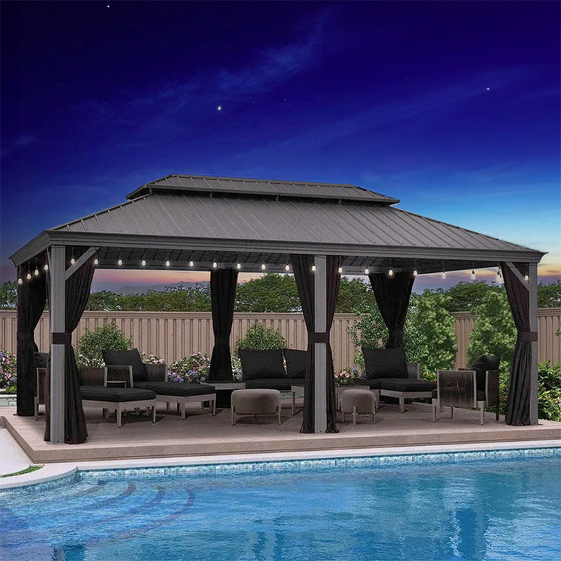 PURPLE LEAF Patio Gazebo for Pool Light Grey Hardtop Galvanized Steel Roof with String Lights