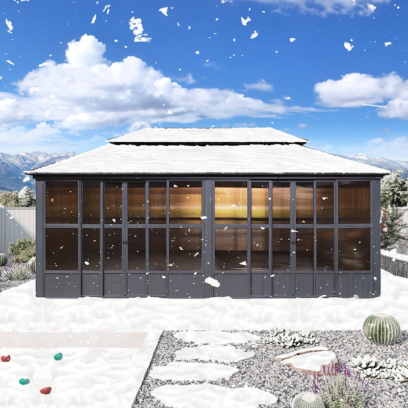 PURPLE LEAF Sunroom Hardtop Gazebo Solarium Grey Galvanized Steel Double Roof  All-Weather Aluminum Outdoor Screen House