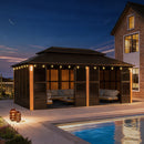 PURPLE LEAF Bronze Frame Sunroom Hardtop Gazebo Solarium Wood Grain Columns Galvanized Steel Double Roof All-Weather Screen House with Lights