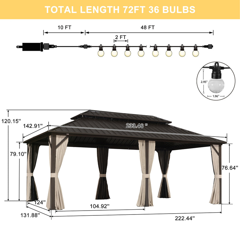 PURPLE LEAF  Outdoor Hardtop Gazebo Bronze Metal Frame Galvanized Steel Double Roof with Lights-clear