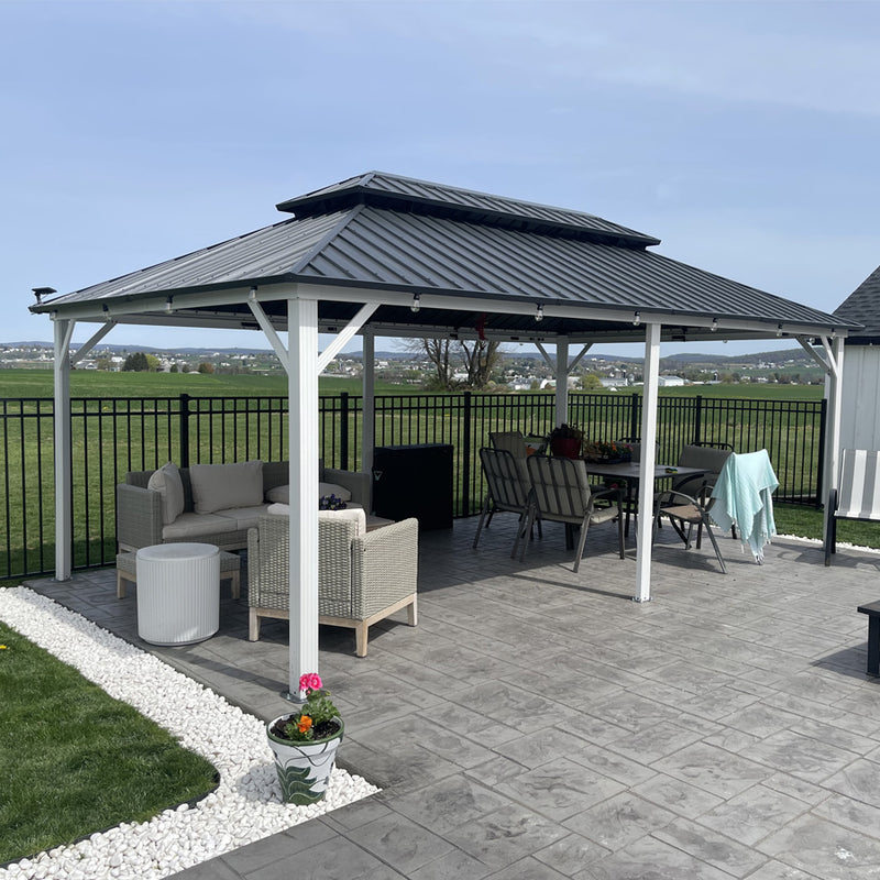 PURPLE LEAF Patio Hardtop Gazebo for Outdoor Grey Galvanized Steel Double Roof White Aluminum Poles with Curtains and String Lights-clear