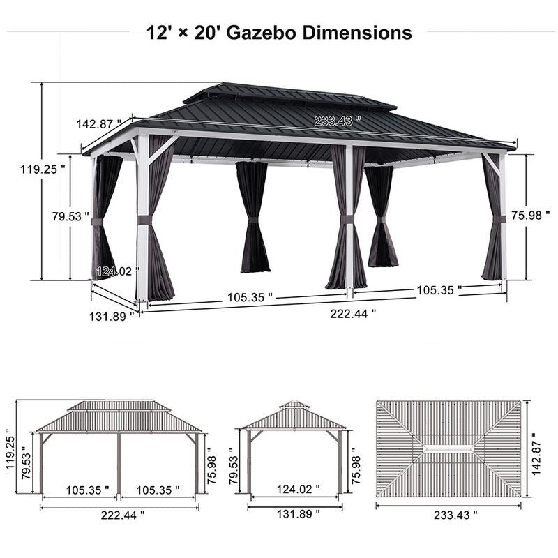 PURPLE LEAF Patio Hardtop Gazebo for Outdoor Grey Galvanized Steel Double Roof White Aluminum Poles with Curtains and Netting