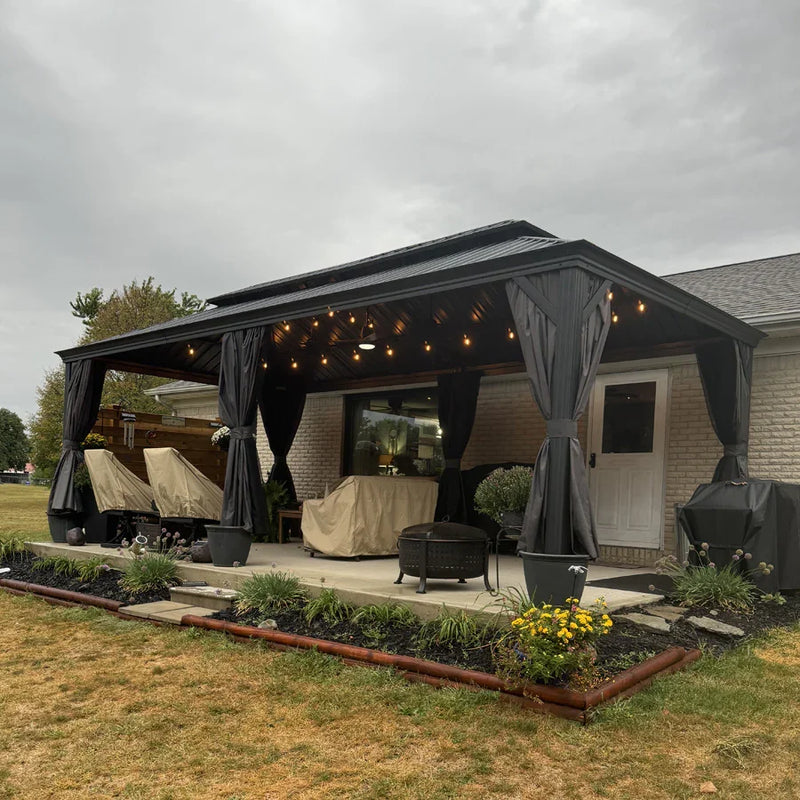 PURPLE LEAF Patio Gazebo for Backyard Grey Hardtop Galvanized Steel Roof Awning String Lights-milky