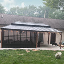 PURPLE LEAF Sunroom Hardtop Gazebo with Wood Grain Columns Black Frame Double Roof Galvanized Steel Solarium All-Weather Screen House with String Lights
