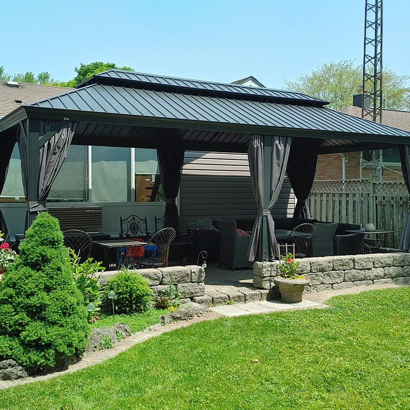 PURPLE LEAF Patio Gazebo for Backyard Grey Hardtop Galvanized Steel Roof Awning with String Lights-clear