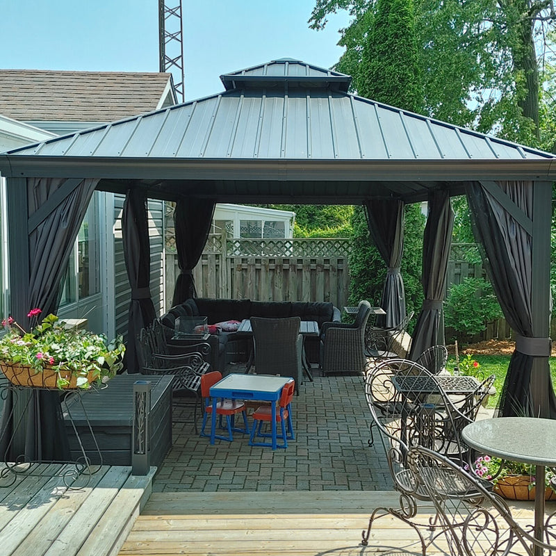 PURPLE LEAF Patio Gazebo for Backyard Grey Hardtop Galvanized Steel Roof Awning with String Lights-clear