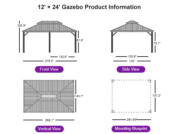 PURPLE LEAF Hardtop Gazebo for Patio Wood Grain Galvanized Steel Frame Awning with Lights