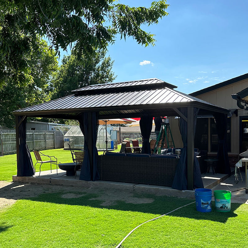 PURPLE LEAF Outdoor Hardtop Gazebo for Patio Bronze Aluminum Frame Pavilion with Navy-Blue Curtain and String Lights-milky