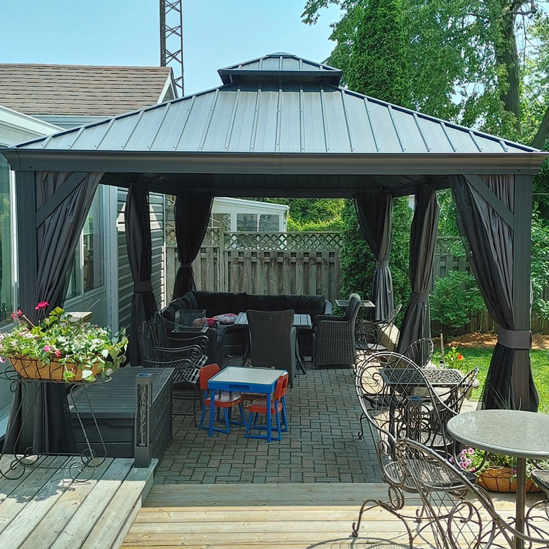 PURPLE LEAF Patio Gazebo for Backyard Grey Hardtop Galvanized Steel Roof Awning with Upgrade Curtain