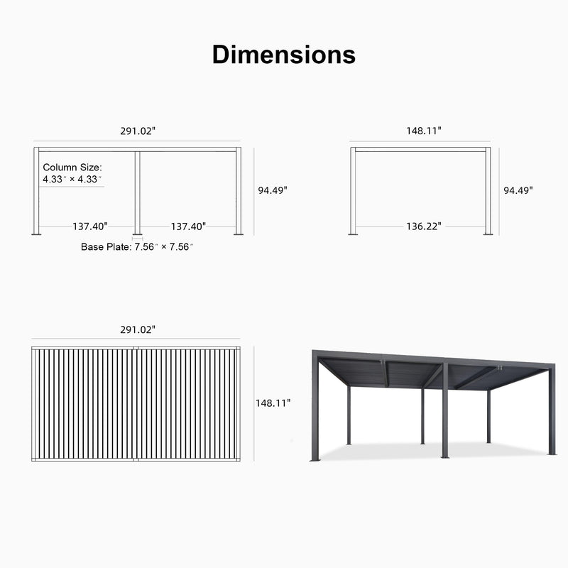 PURPLE LEAF Athena Louvered Pergola Grey Outdoor Aluminum Pergola with Roller Blind Adjustable Gazebo for Patio Deck Garden