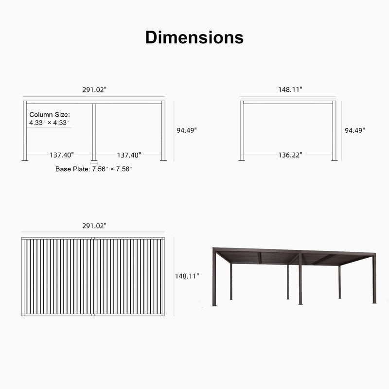 PURPLE LEAF Athena Louvered Pergola Bronze Outdoor Aluminum Pergola with Roller Blind Adjustable Gazebo for Patio Deck Garden