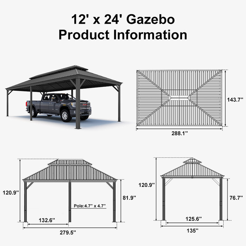 PURPLE LEAF Outdoor Metal Carport Gazebo Grey Steel Roof Aluminum Frame Shelter for Parking