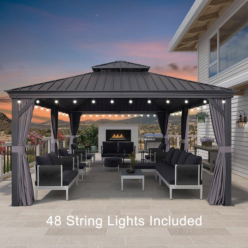 PURPLE LEAF Patio Gazebo for Backyard Grey Hardtop Galvanized Steel Roof Awning String Lights-milky