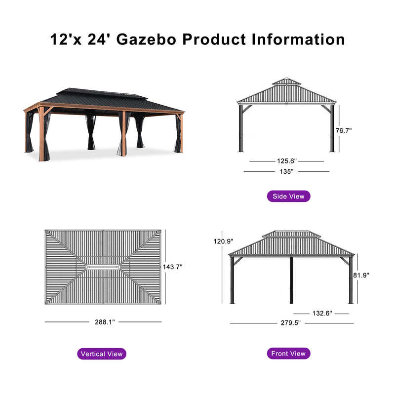 PURPLE LEAF Hardtop Gazebo for Patio Wood Grain Galvanized Steel Frame Awning with String Lights-clear