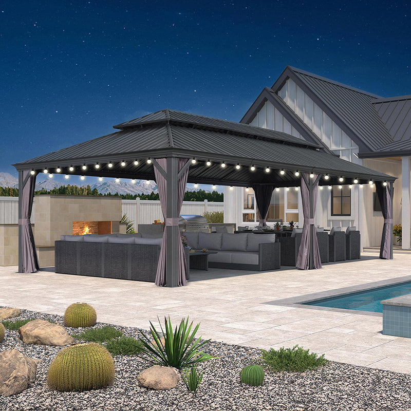 PURPLE LEAF Patio Gazebo for Backyard Grey Hardtop Galvanized Steel Roof Awning String Lights-milky