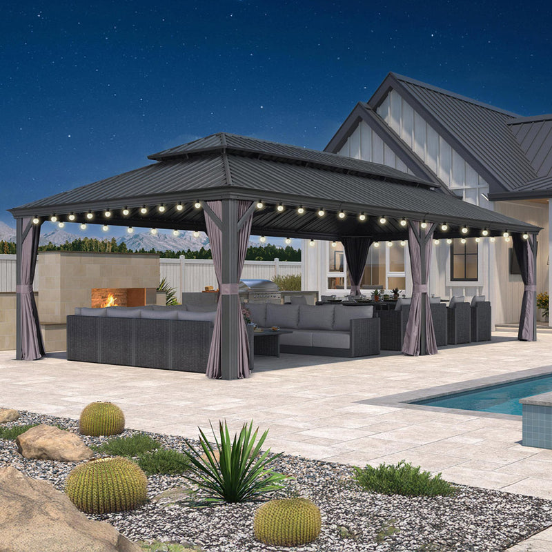 PURPLE LEAF Patio Gazebo for Backyard Grey Hardtop Galvanized Steel Roof Awning with String Lights-clear