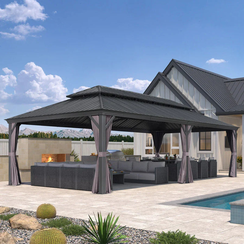 PURPLE LEAF Patio Gazebo for Backyard Grey Hardtop Galvanized Steel Roof Awning with Upgrade Curtain
