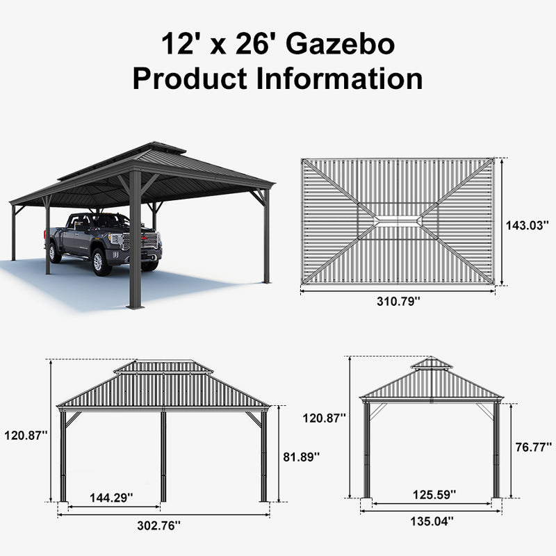 PURPLE LEAF Outdoor Metal Carport Gazebo Grey Steel Roof Aluminum Frame Shelter for Parking