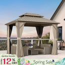PURPLE LEAF Deck Gazebo Champagne Hardtop Metal Frame Double Roof with Curtains and Netting