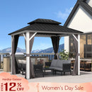 PURPLE LEAF modern gazebo, black hardtop, white poles, grey curtains, 12% off sale.