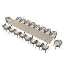 PURPLE LEAF all-weather outdoor dining set: wood grain aluminum table, rope chairs, cushions.