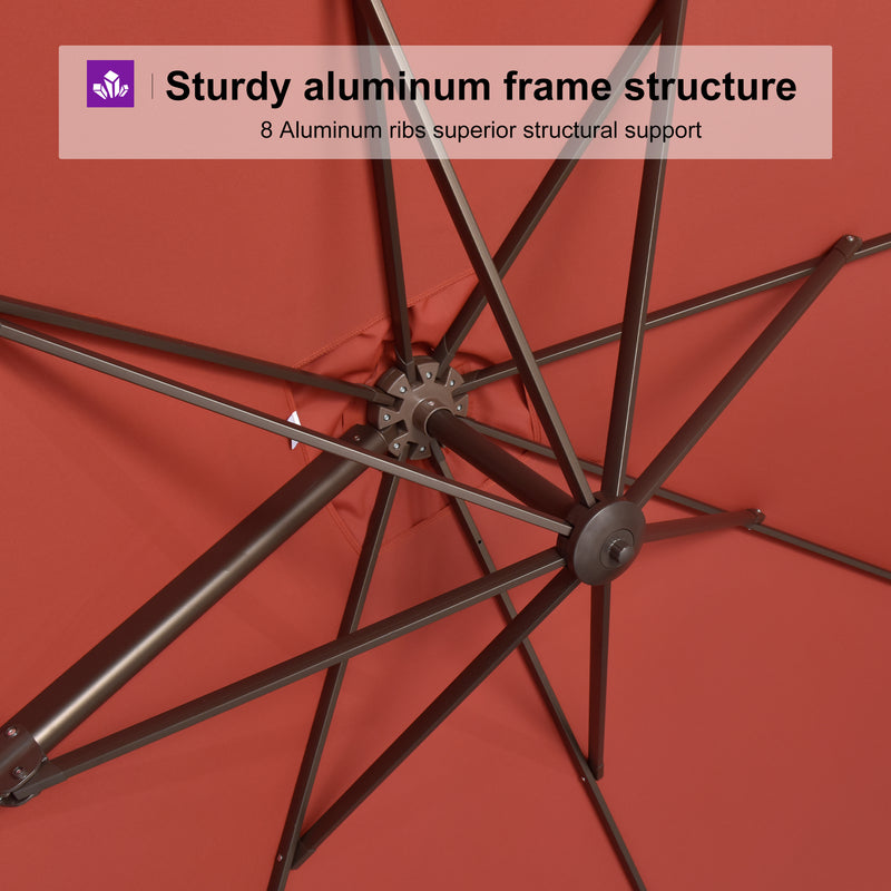 Cantilever patio umbrella sturdy aluminum frame structure with 8 ribs for support.