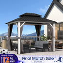 PURPLE LEAF Modern Gazebo Grey Hardtop Galvanized Steel Double Roof White Aluminum Poles with Curtains and Netting