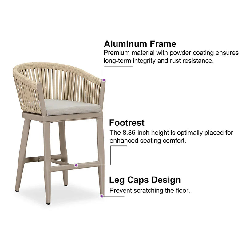 PURPLE LEAF Counter Stools, Bar Stools Set of 2 Rattan Bar Stools Wicker Bar Chairs Woven Aluminum Barstools with Back and Cushions