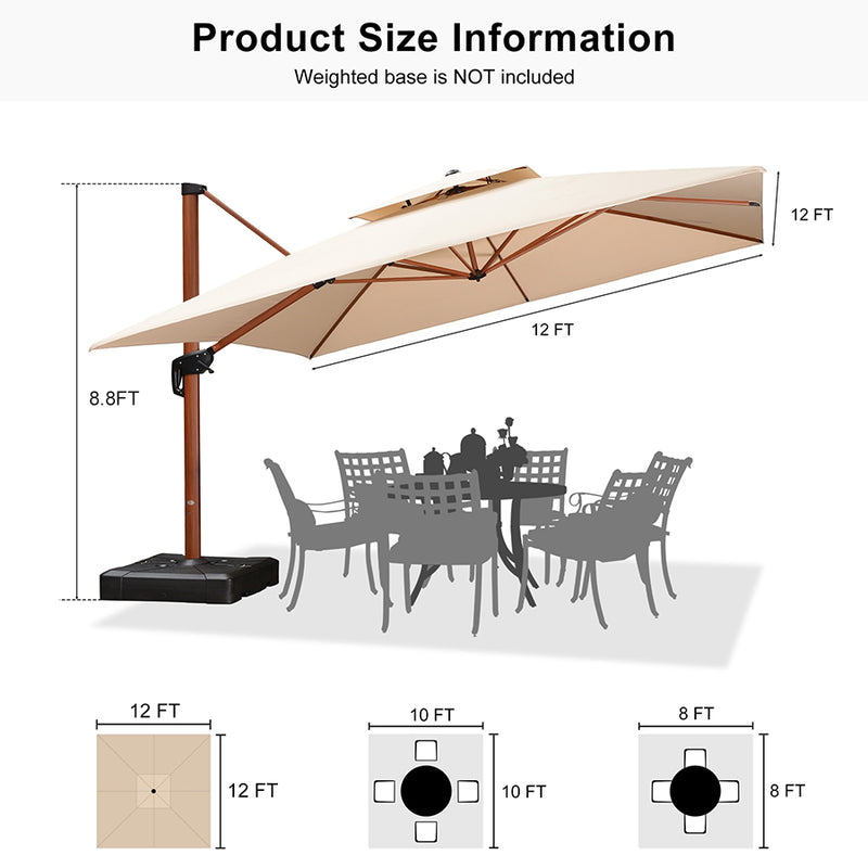 PURPLE LEAF 9 x 12 / 10 x 13 ft Rectangular Patio Umbrella Aluminum Cantilever Umbrella in Wood Color