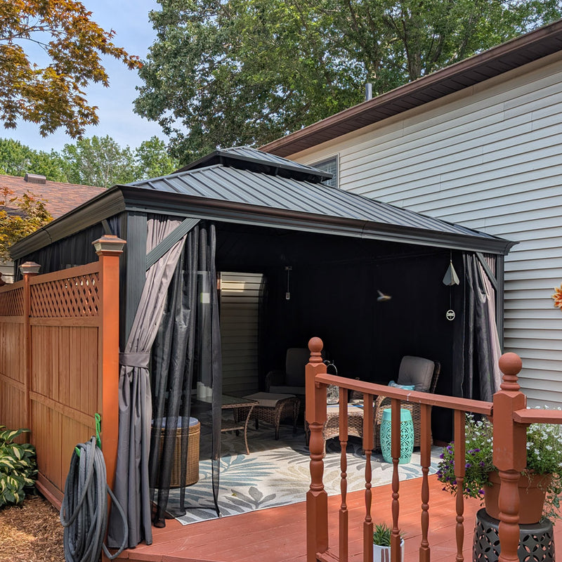 PURPLE LEAF Patio Gazebo for Backyard Grey Hardtop Galvanized Steel Roof Awning with String Lights-clear