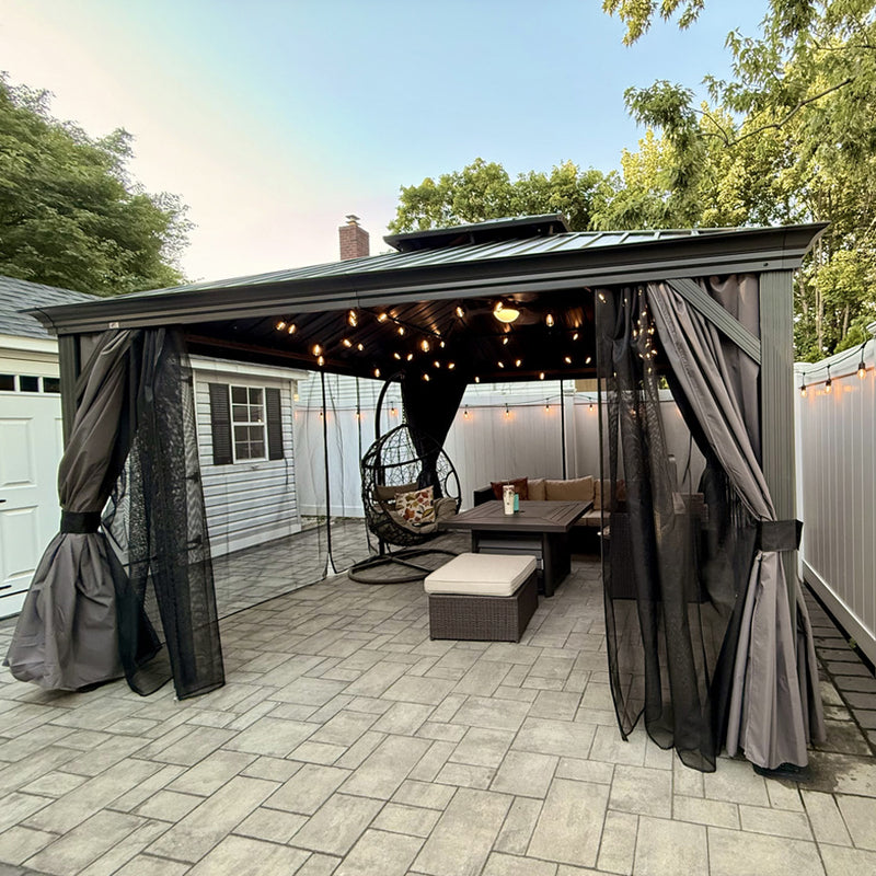 PURPLE LEAF Patio Gazebo for Backyard Grey Hardtop Galvanized Steel Roof Awning with String Lights-clear