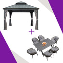 【Outdoor Idea】PURPLE LEAF Patio Gazebo with Aluminum Frame Grey Dining Sets-Bundle Set