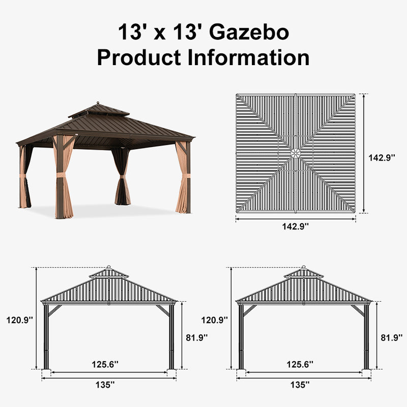 PURPLE LEAF Outdoor Hardtop Gazebo for Garden Bronze Double Roof Aluminum Frame Pavilion