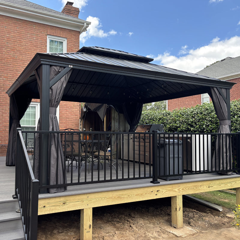 PURPLE LEAF Patio Gazebo for Backyard Grey Hardtop Galvanized Steel Roof Awning with String Lights-clear