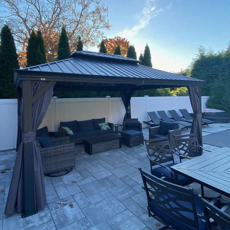 PURPLE LEAF Patio Gazebo for Backyard Grey Hardtop Galvanized Steel Roof Awning String Lights-milky