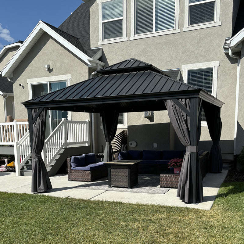 PURPLE LEAF Patio Gazebo for Backyard Grey Hardtop Galvanized Steel Roof Awning with Upgrade Curtain