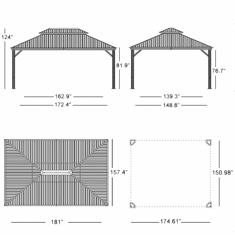 PURPLE LEAF Patio Gazebo for Backyard Grey Hardtop Galvanized Steel Roof Awning String Lights-milky