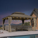 PURPLE LEAF Backyard Gazebo Champagne Hardtop Galvanized Steel Roof Awning and Upgrade Curtain with Lights-clear