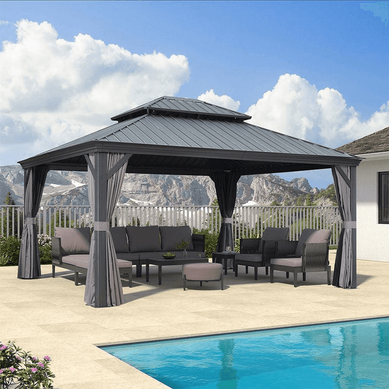 OPEN BOX I PURPLE LEAF Patio Gazebo for Backyard Grey Hardtop Galvanized Steel Roof Awning with Upgrade Curtain