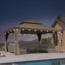 PURPLE LEAF Backyard Gazebo Champagne Hardtop Galvanized Steel Roof Awning and Upgrade Curtain with Lights-milky