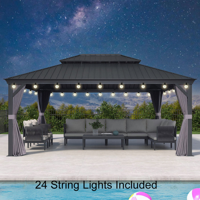 PURPLE LEAF Patio Gazebo for Backyard Grey Hardtop Galvanized Steel Roof Awning with String Lights