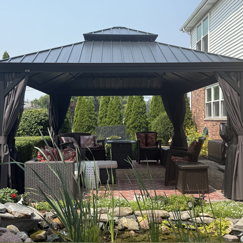 PURPLE LEAF Patio Gazebo for Backyard Grey Hardtop Galvanized Steel Roof Awning with Upgrade Curtain