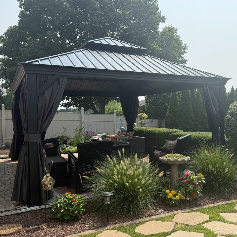 PURPLE LEAF Patio Gazebo for Backyard Grey Hardtop Galvanized Steel Roof Awning with String Lights-clear