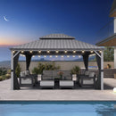 PURPLE LEAF Patio Gazebo for Pool Light Grey Hardtop Galvanized Steel Roof with String Lights-milky