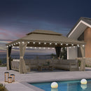 PURPLE LEAF Backyard Gazebo Champagne Hardtop Galvanized Steel Roof Awning and Upgrade Curtain with Lights-milky