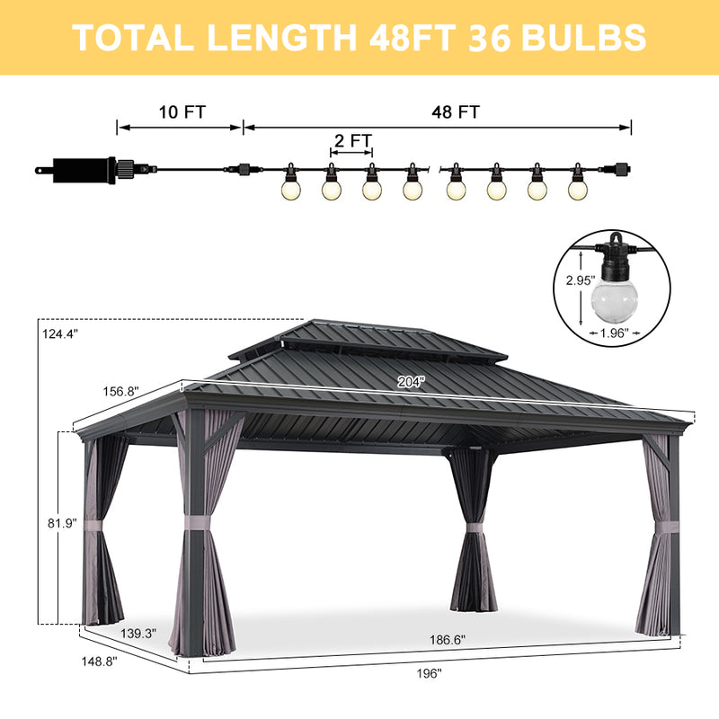 PURPLE LEAF Patio Gazebo for Backyard Grey Hardtop Galvanized Steel Roof Awning with String Lights